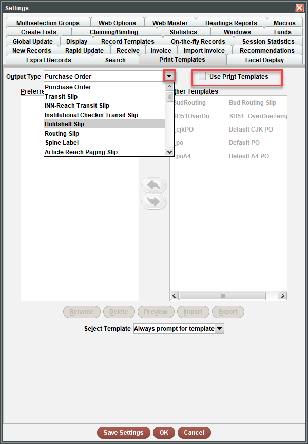 The Print Template settings screen.
