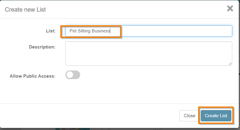 Screenshot of create a new list option