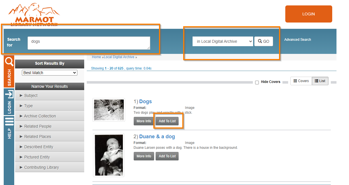 Screenshot of search results from a digital archive search, highlighting the add to list button in the search results