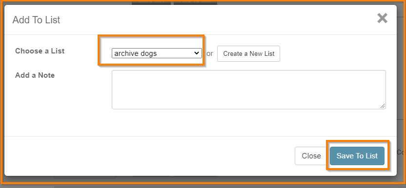 Screenshot of add to list pop-up highlighting choose a list options and the save to list button