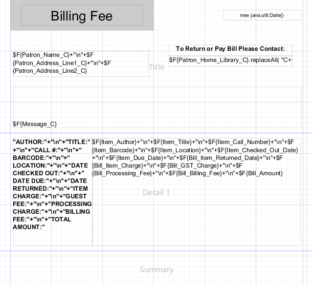 The raw data view of the Billing Notice in the Jaspersoft software.