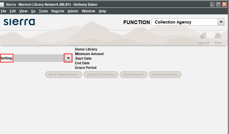 The setting dropdown within the Collection Agency function