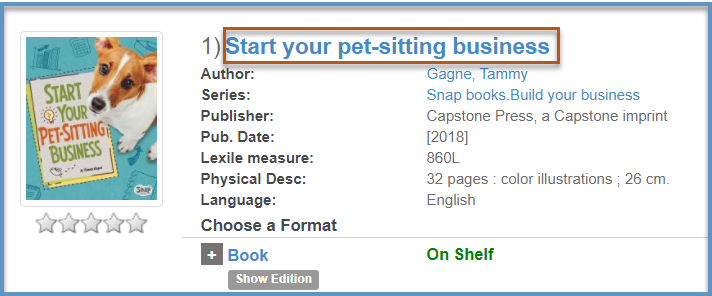 Screenshot of search results in catalog, highlighting the title access link