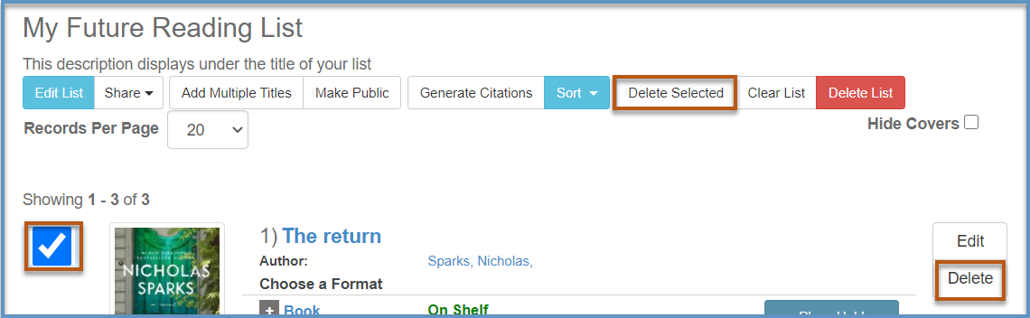 Screenshot of a user list where the checkbox next to a tile is selected and the delete selected button is used