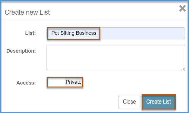 Screenshot of the create a new list popup highlighting the access options and the create list button