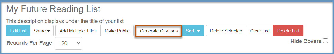 Screenshot of list options, highlighting the Generate Citations button.