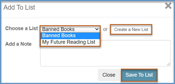 Screen shot of Add to List pop-up window highlighting choose a list options and save to list button