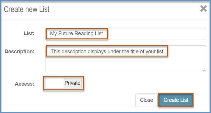 Screenshot describing the options in the Create a New List pop-up box.