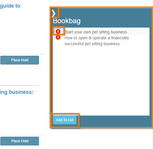 Screenshot of the Bookbag slide out menu with selected titles in the bookbag highlighting the Add to List button