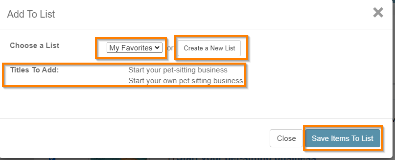 Screenshot of the pop-up returned when adding titles from the bookbag to a list, highlighting titles to add, the choose list options, and the save items to list button