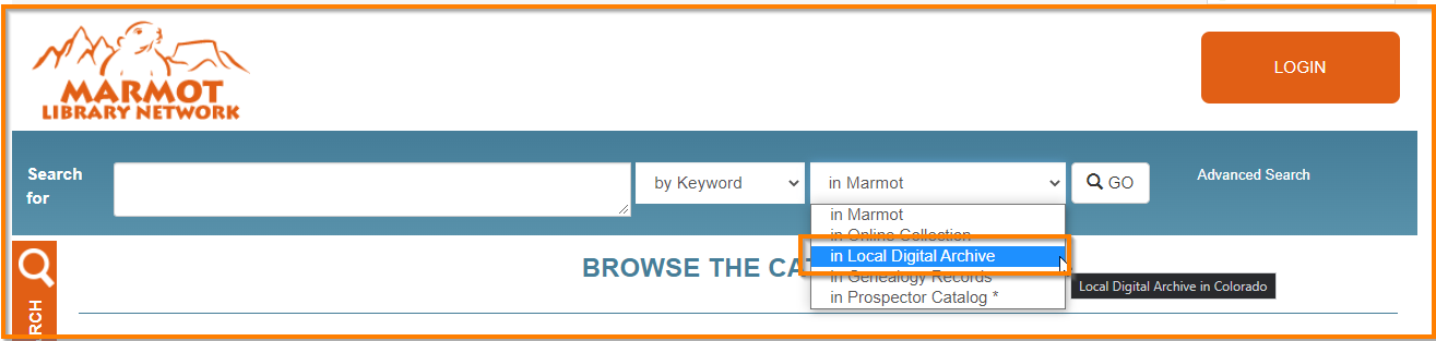 Screenshot of search source options in the catalog highlighting the Local Digital Archive option