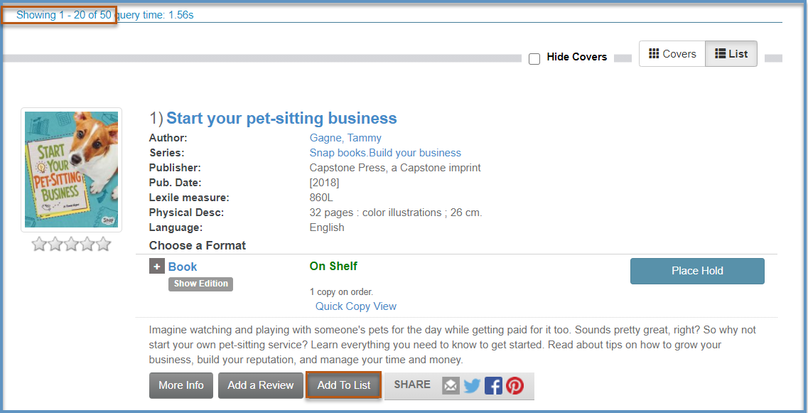 Screenshot of search results for search term pet-sitting business in the catalog, highlighting the add to list button in the search results